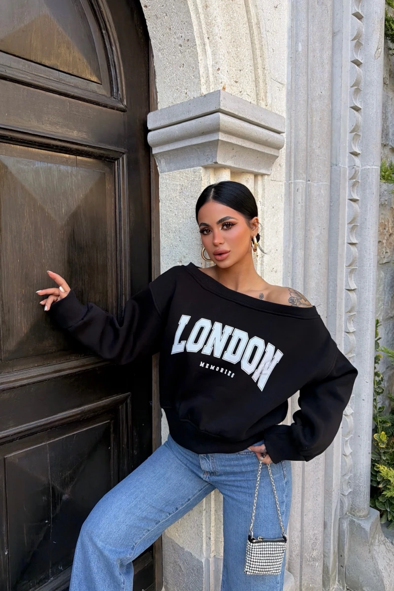 Siyah London Kayık Yaka Sweat