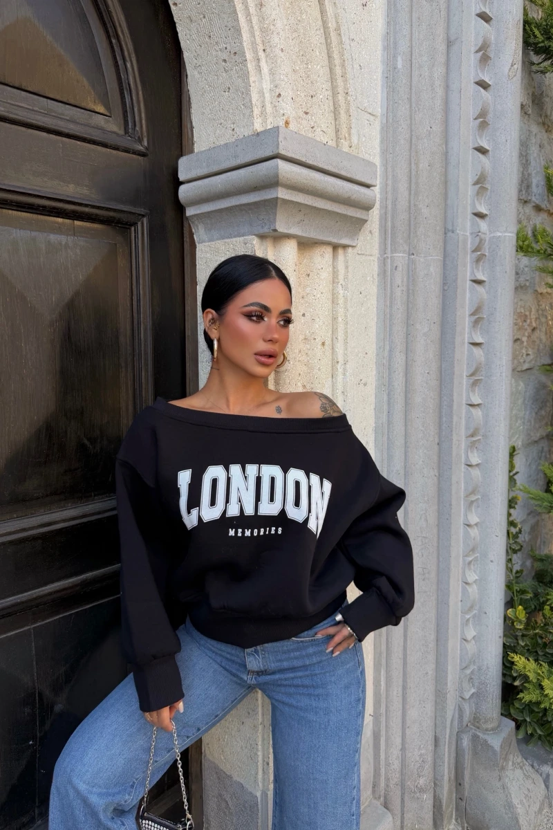 Siyah London Kayık Yaka Sweat
