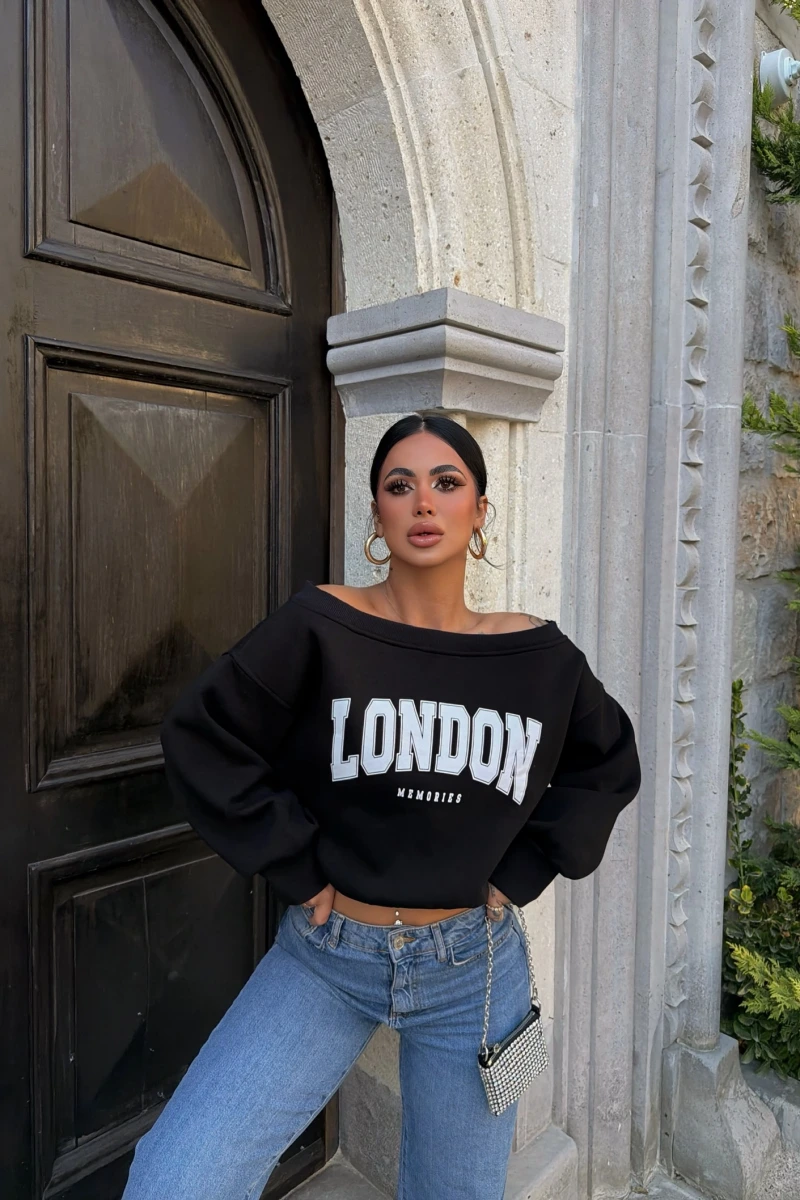 Siyah London Kayık Yaka Sweat