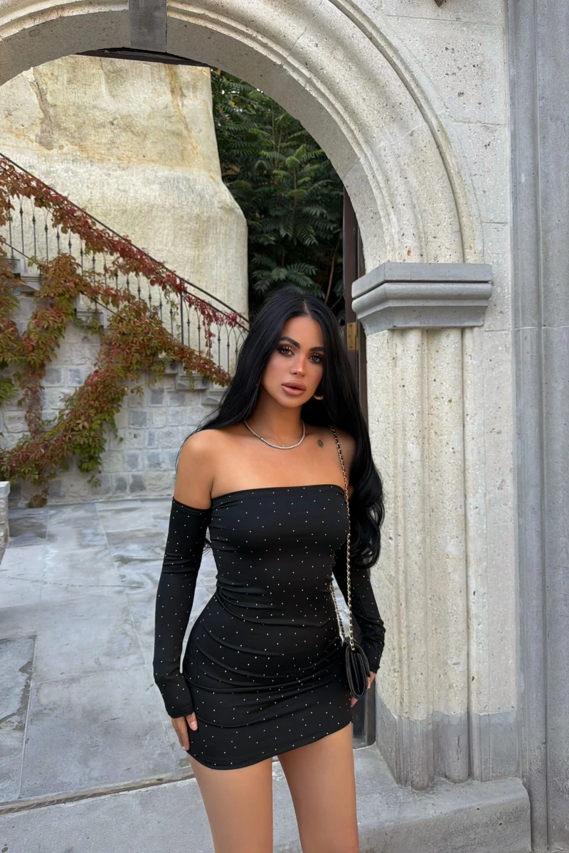 Siyah Madonna Taşlı Mini Elbise