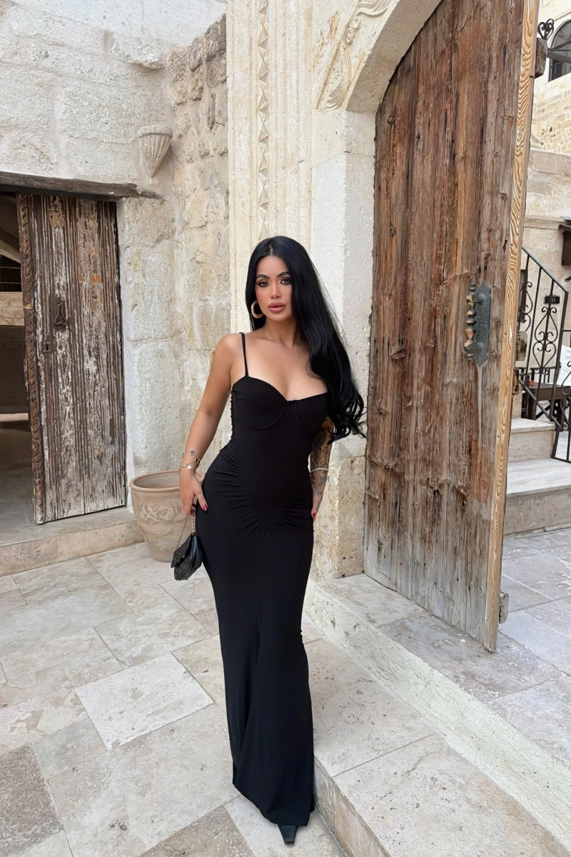 Siyah Mermaid Göğüs Gloplu Elbise