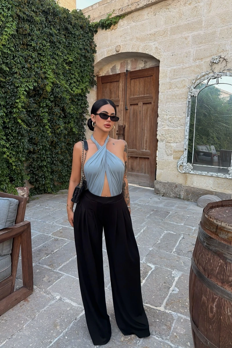 Siyah Modal Pileli Palazzo Pantolon