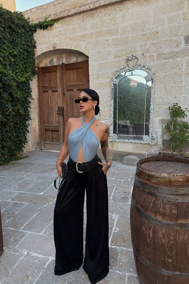 Siyah Modal Pileli Palazzo Pantolon