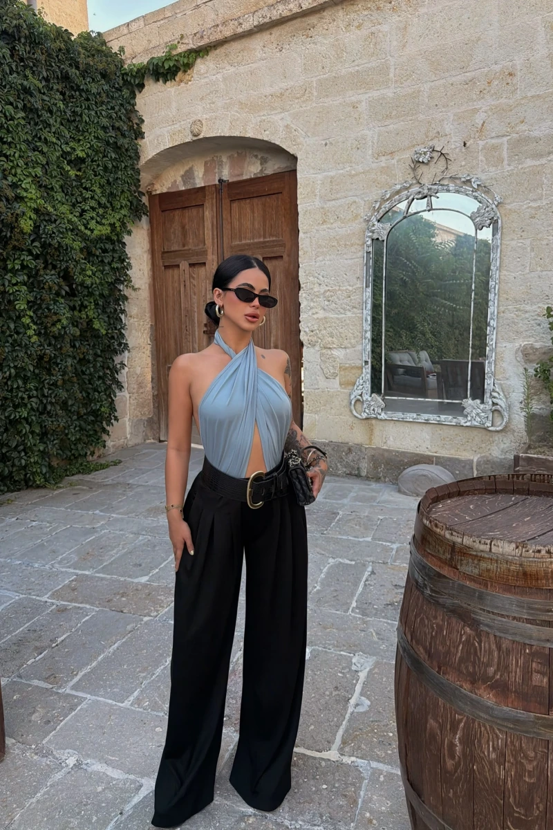 Siyah Modal Pileli Palazzo Pantolon