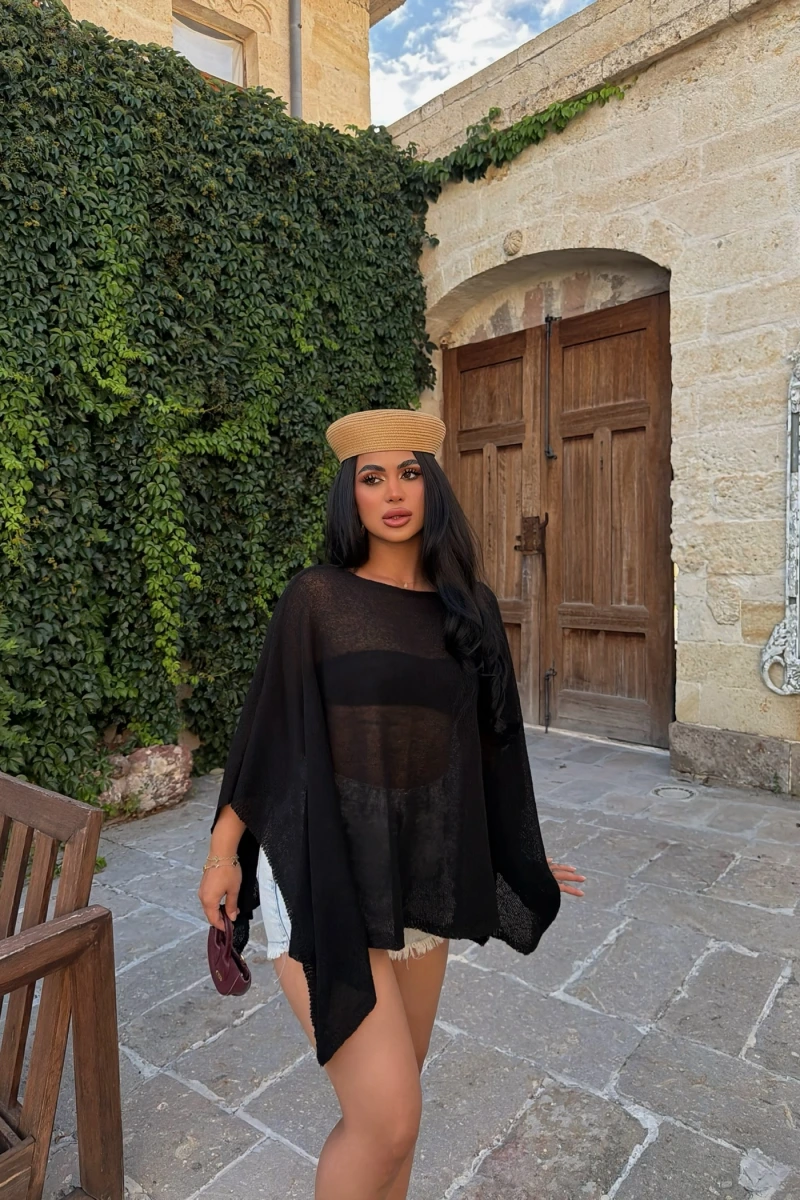 Siyah Oversize Batwing Triko Panço