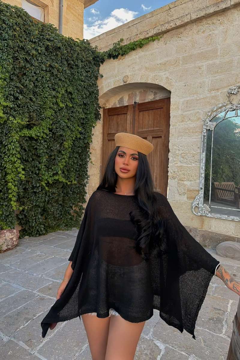 Siyah Oversize Batwing Triko Panço
