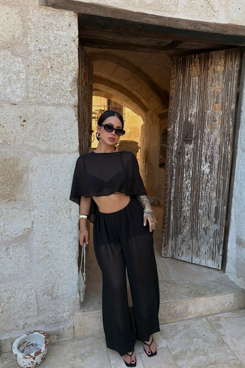 Siyah Pelerin Tül İkili Takım