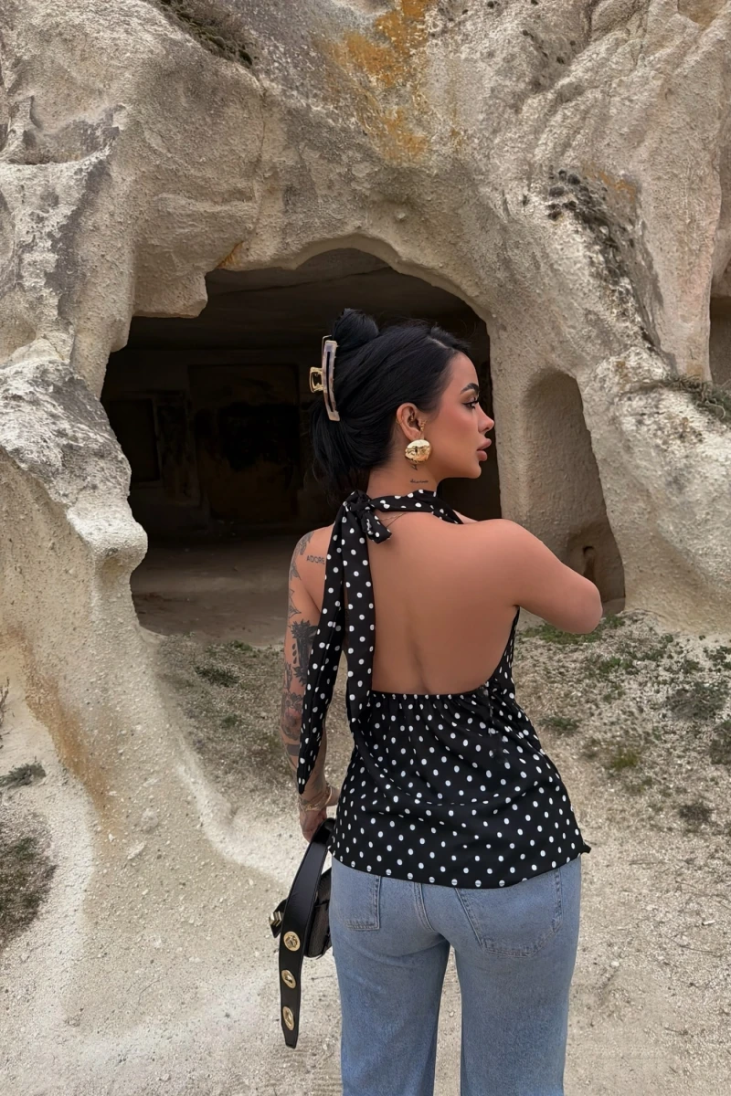 Siyah Puantiyeli Degaje Bluz