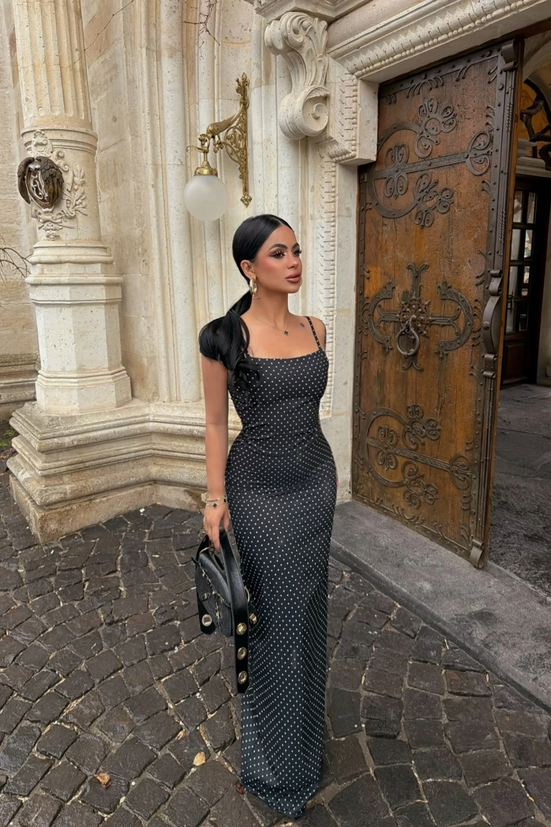 Siyah Puantiyeli Maxi Elbise
