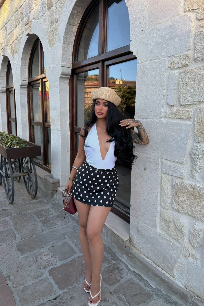 Siyah Puantiyeli Yüksek Bel Şort Etek