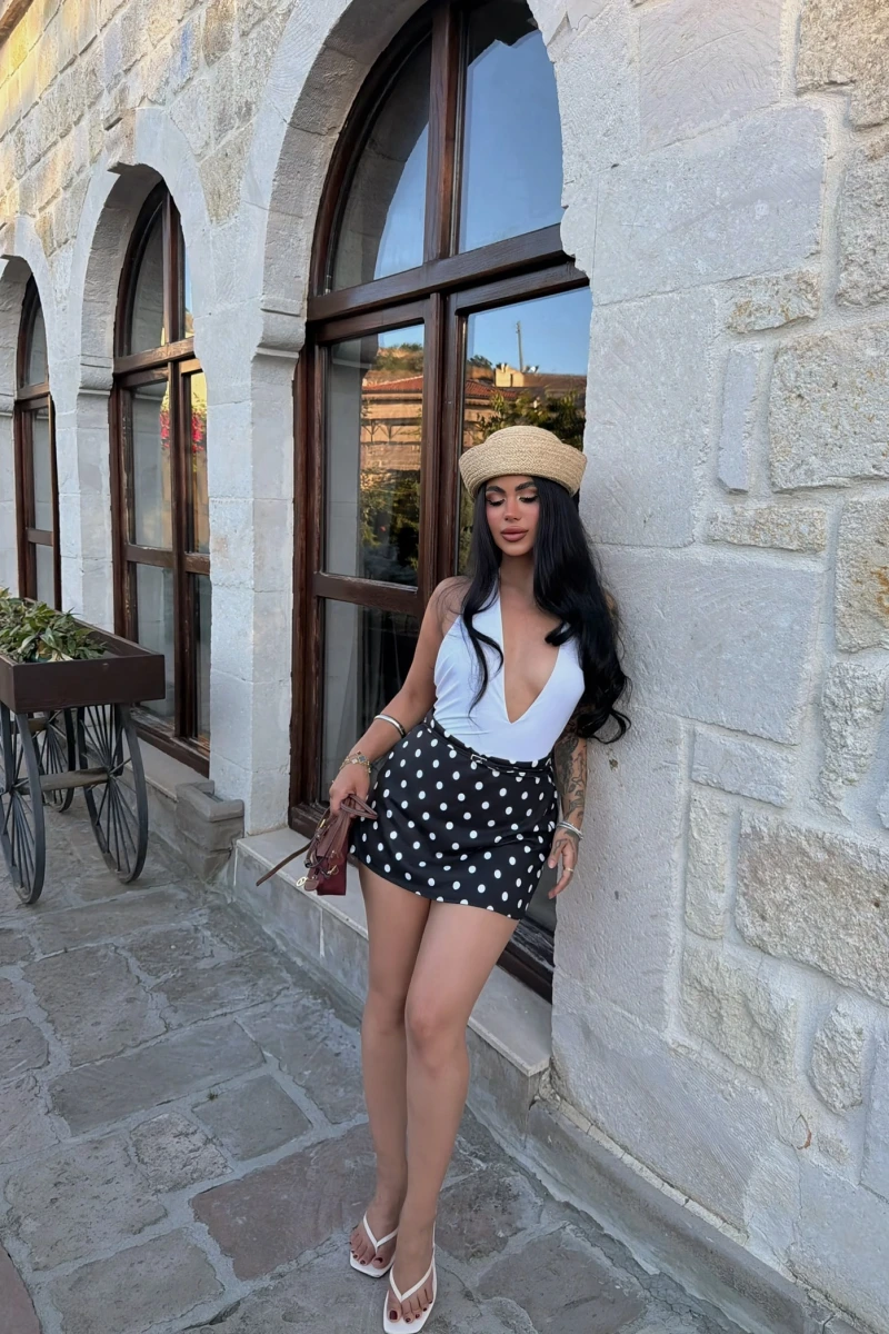 Siyah Puantiyeli Yüksek Bel Şort Etek