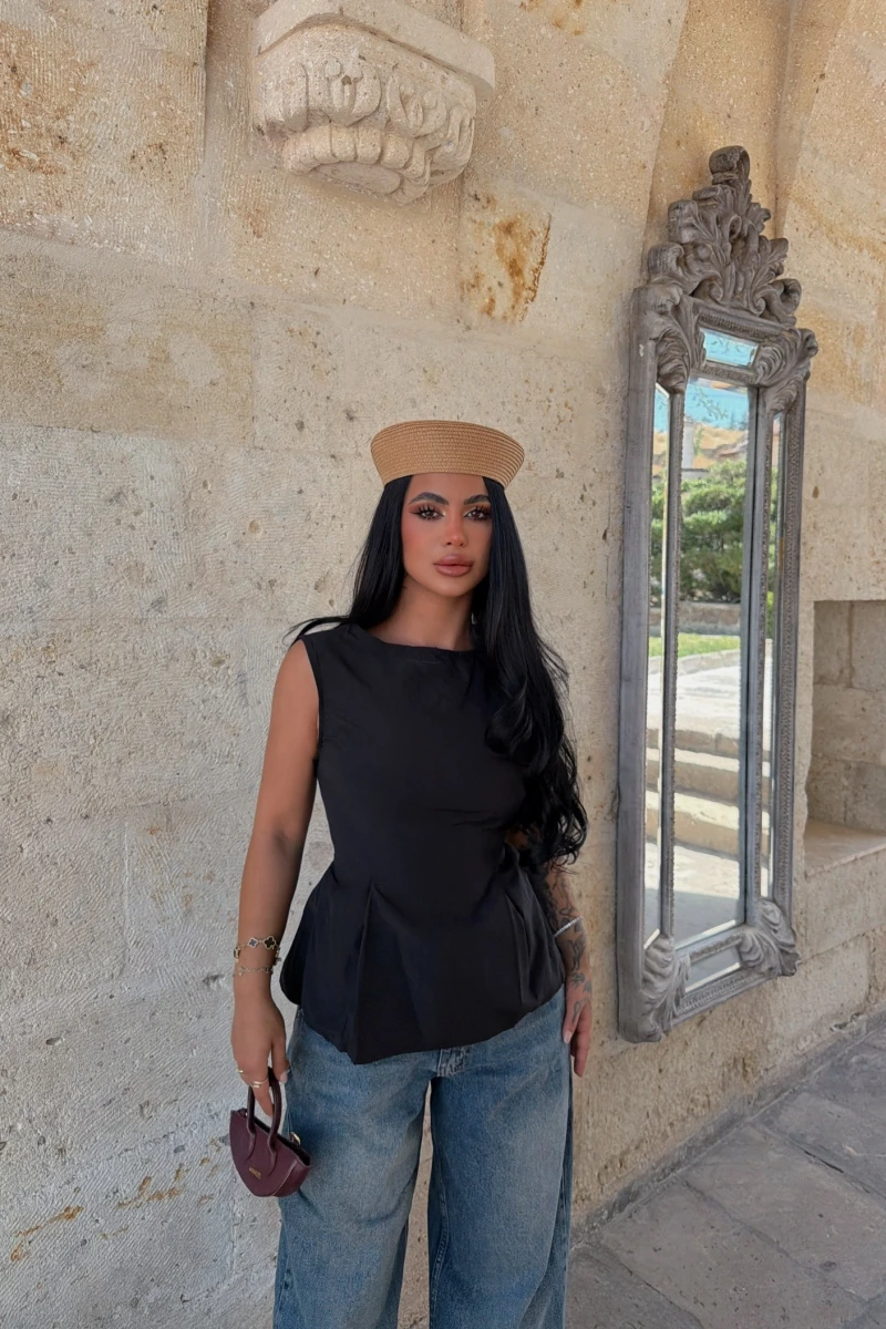 Siyah Sırt Bağcıklı Poplin Bluz