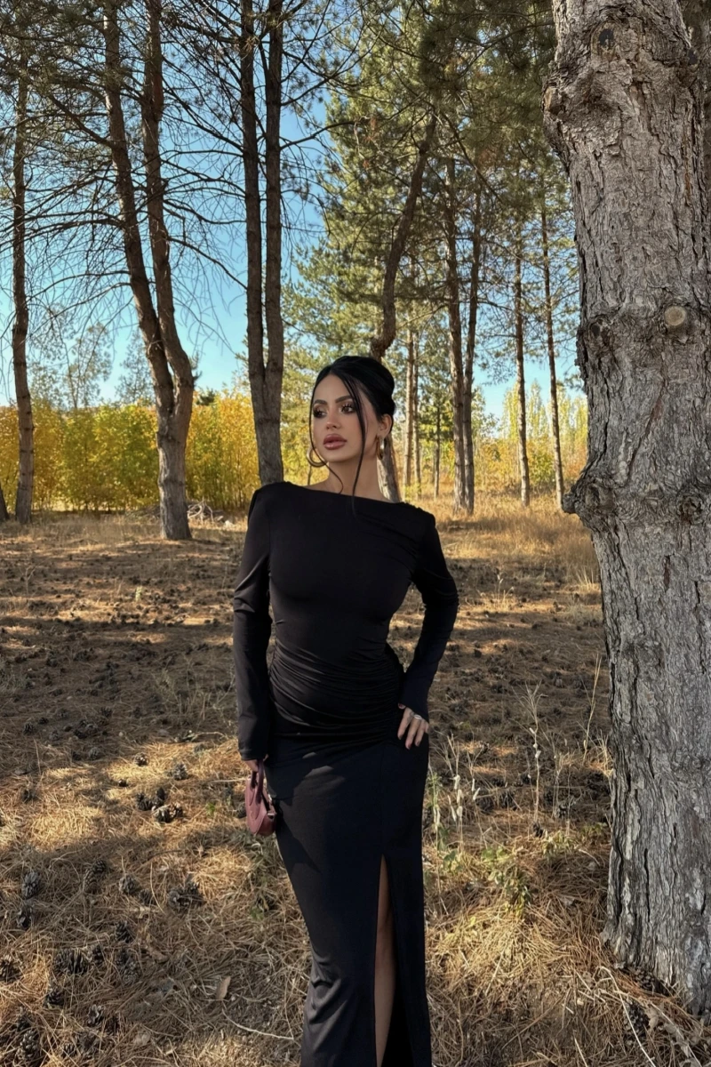 Siyah Sırt Degaje Sandy Elbise