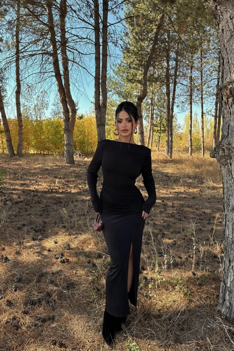Siyah Sırt Degaje Sandy Elbise