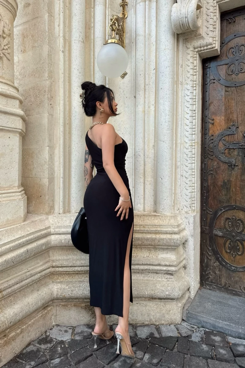 Siyah Tek Kol Büzgülü Long Elbise