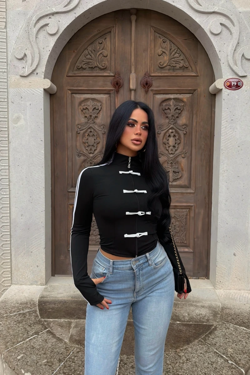 Siyah Tokyo Şeritli Crop