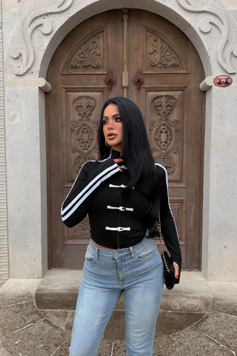 Siyah Tokyo Şeritli Crop