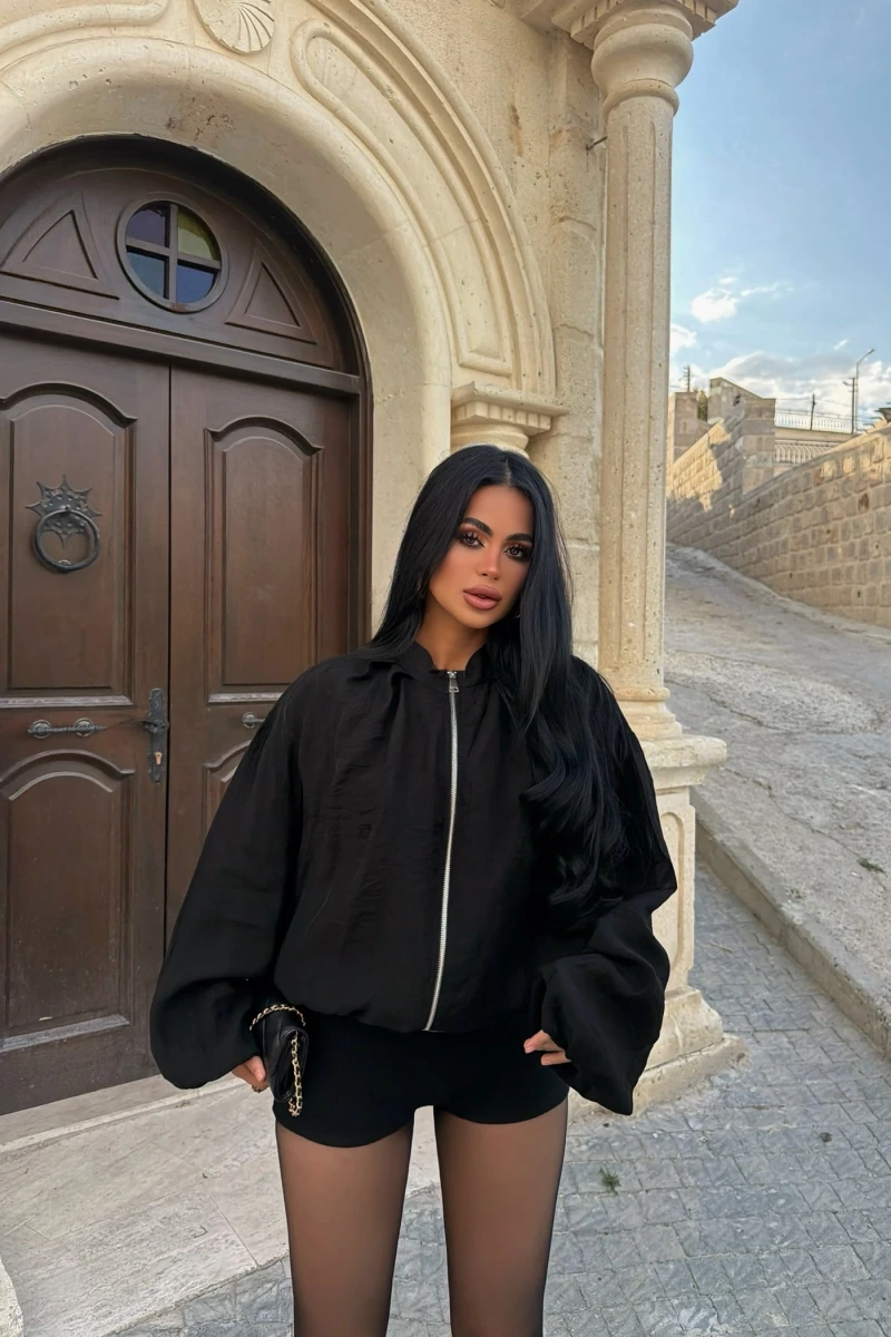 Siyah Vera Balon Kollu Bomber Ceket