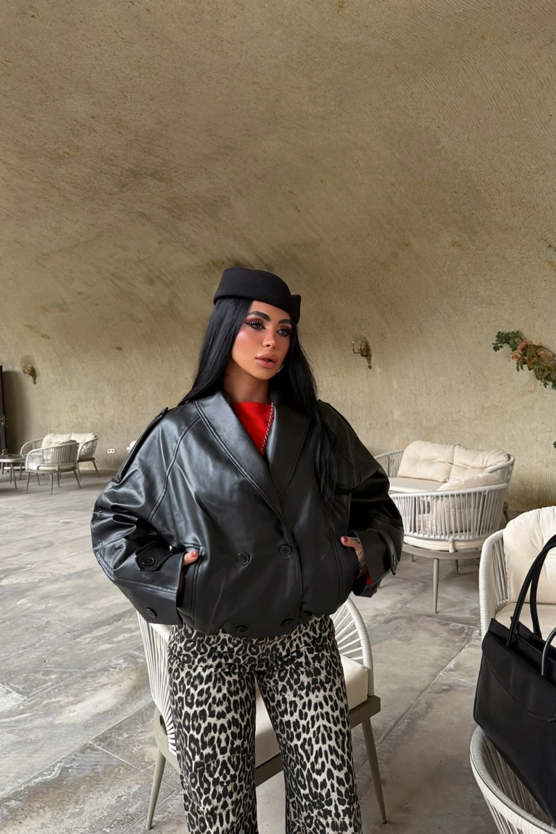 Siyah Vintage Kruvaze Deri Ceket