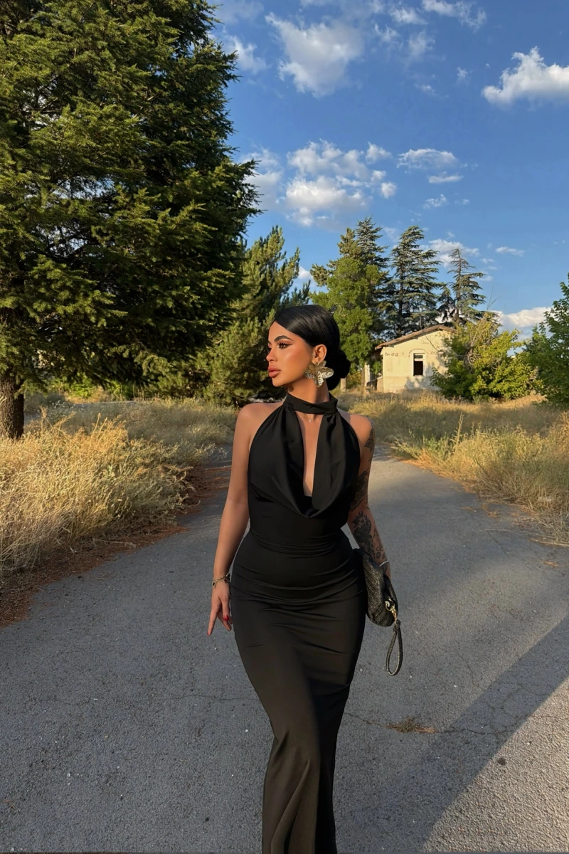Siyah Vogue Degaje Maxi Elbise