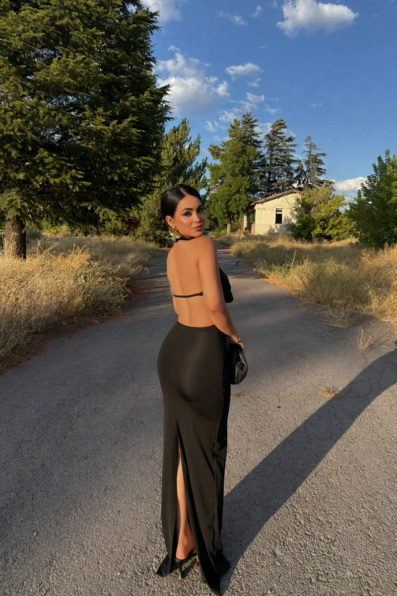 Siyah Vogue Degaje Maxi Elbise