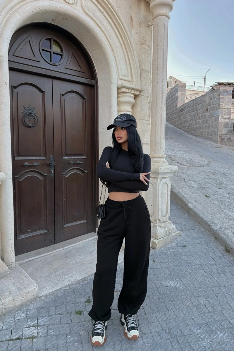 Siyah Yüksek Bel Basic Jogger Eşofman