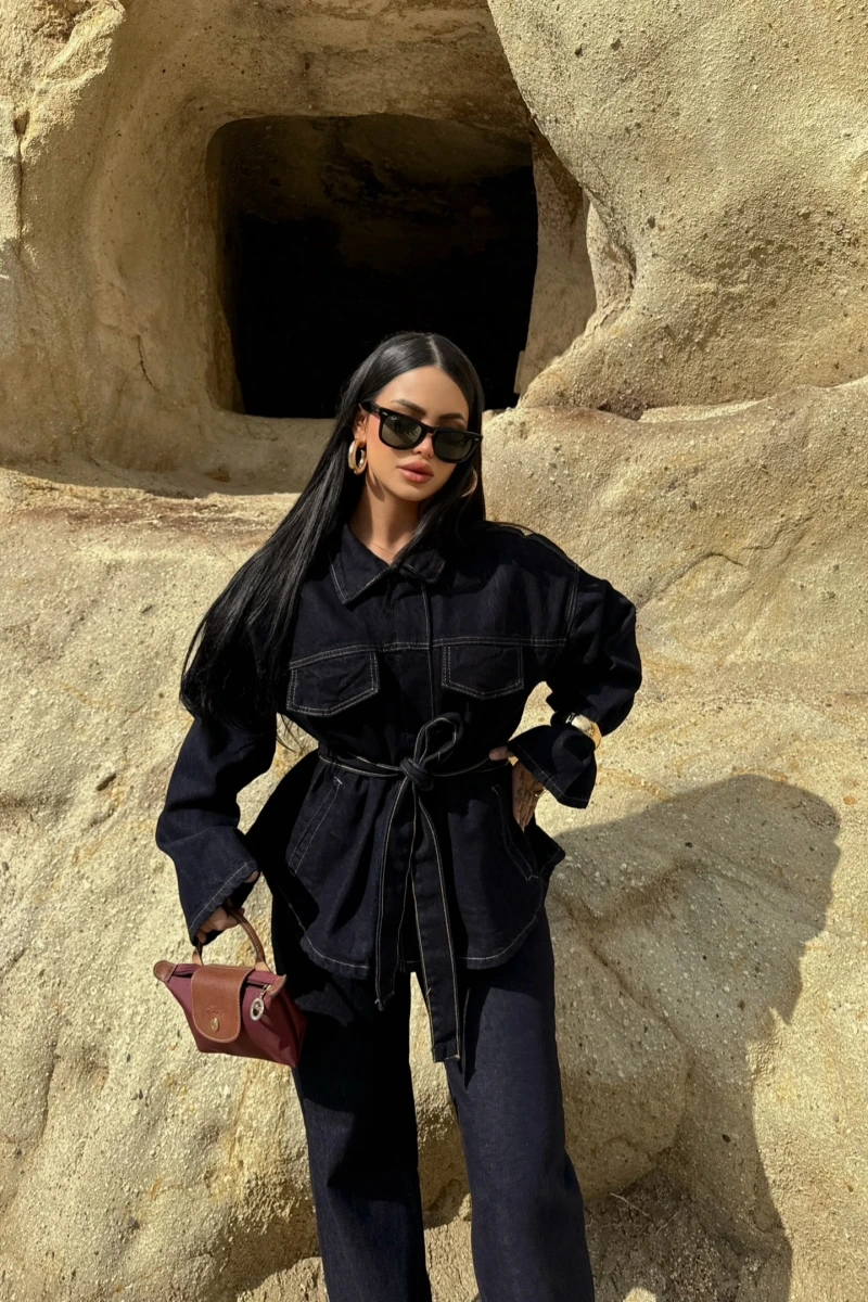 Straight Kuşaklı Denim Takım