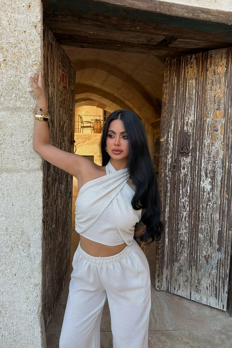 Taş Elina Yaka Çapraz Keten Takım