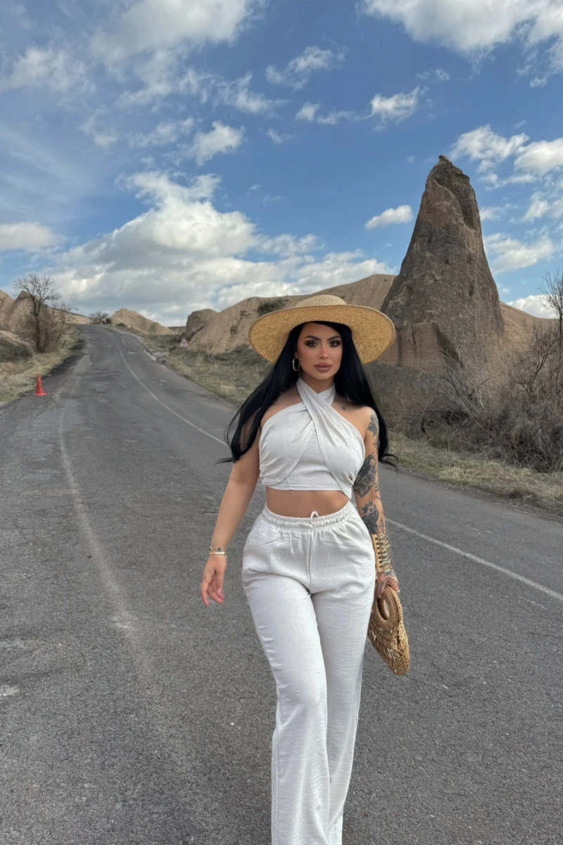 Taş Elina Yaka Çapraz Keten Takım
