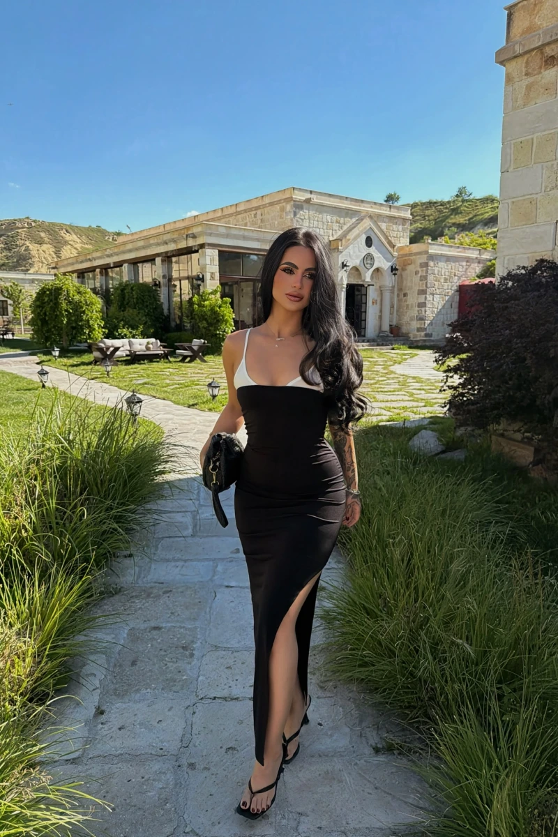 Tek Yırtmaçlı Garni Elbise