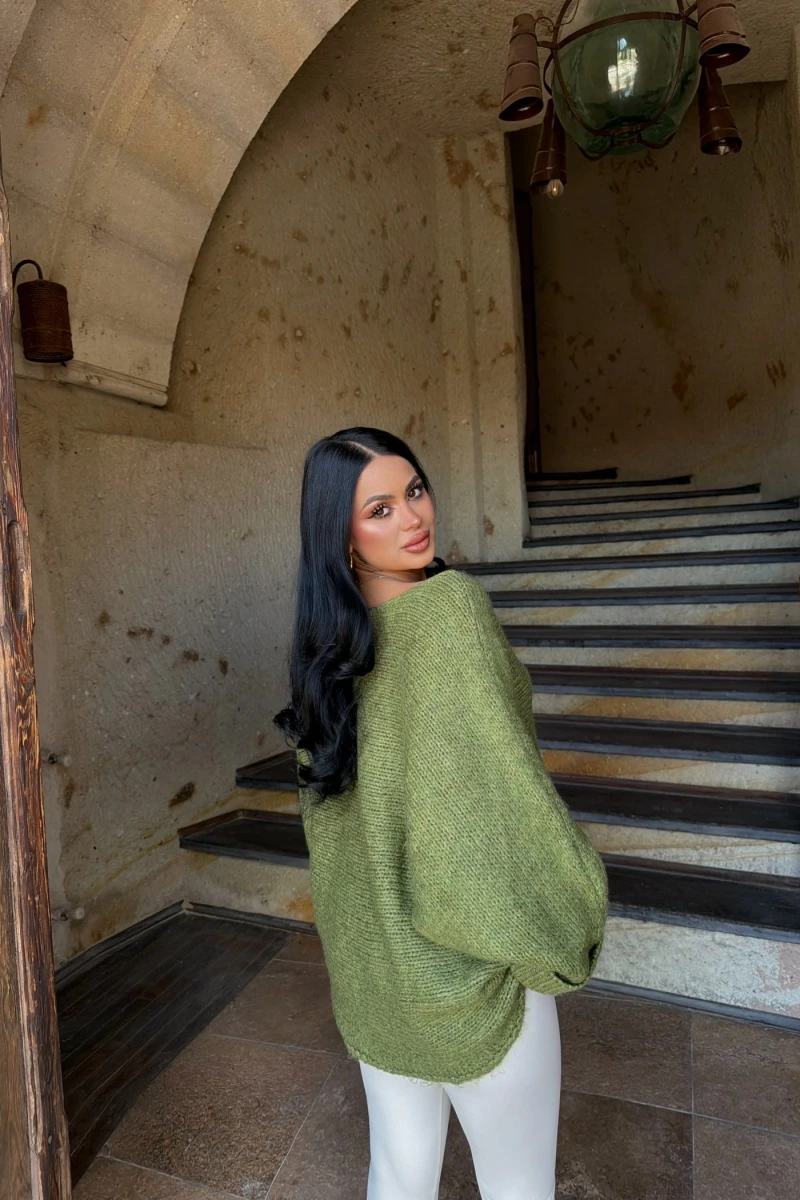 Yeşil Batwing Oversize Triko Kazak