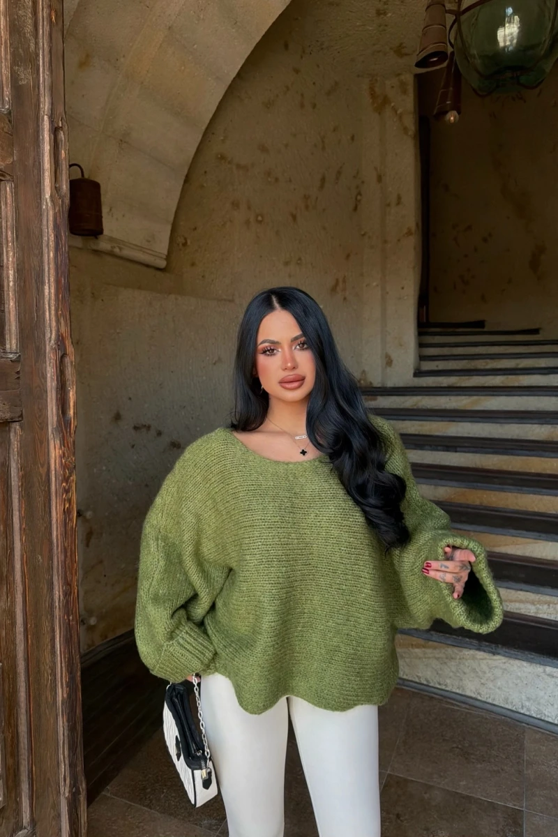 Yeşil Batwing Oversize Triko Kazak