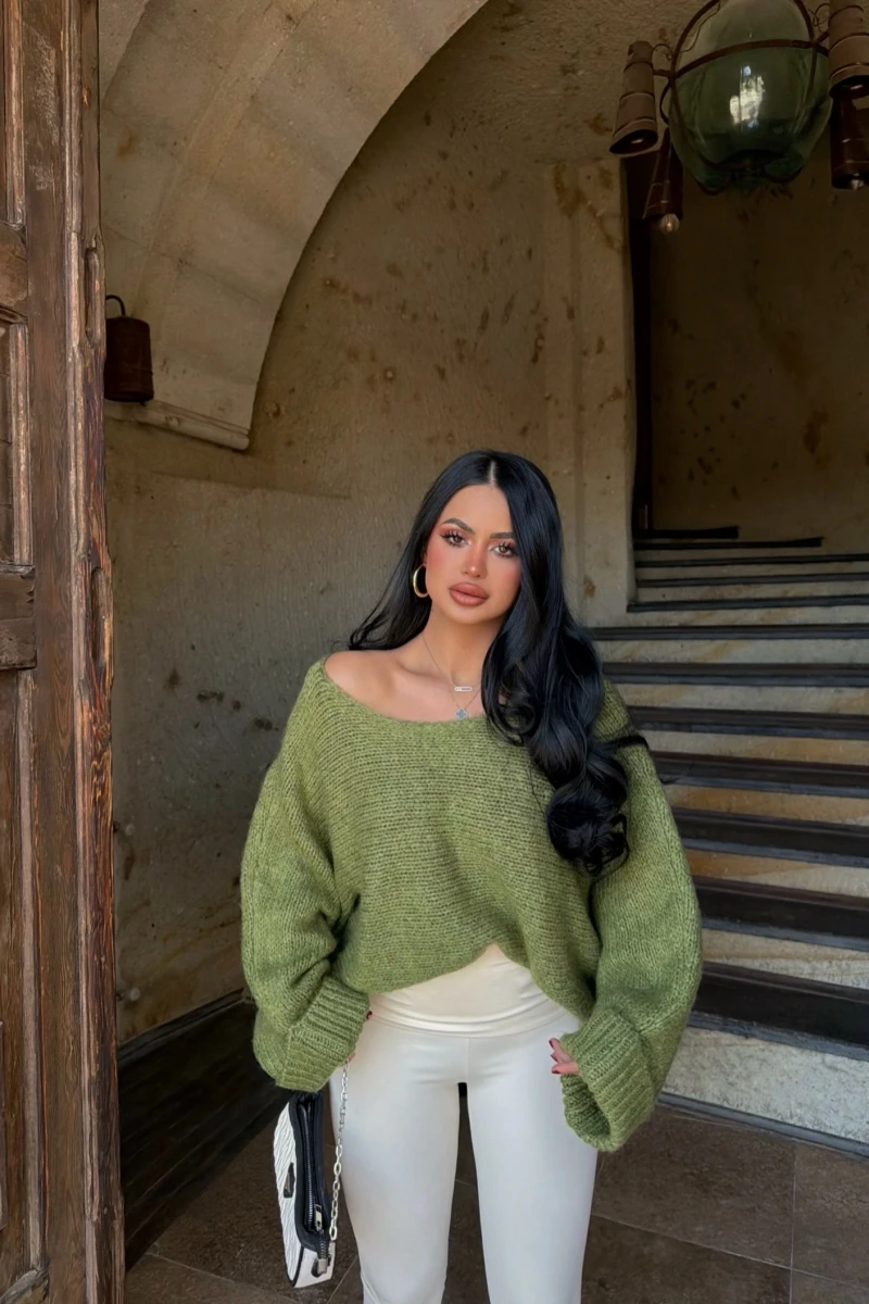 Yeşil Batwing Oversize Triko Kazak