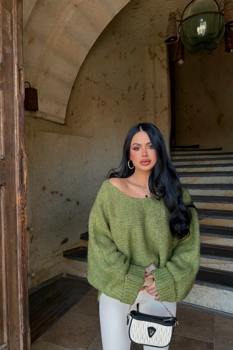 Yeşil Batwing Oversize Triko Kazak