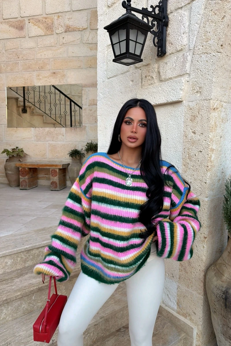 Yeşil Rainbow Çizgili Kazak