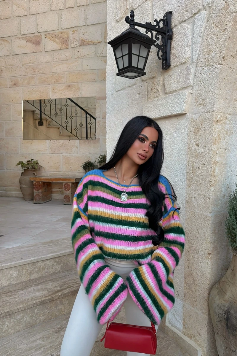 Yeşil Rainbow Çizgili Kazak