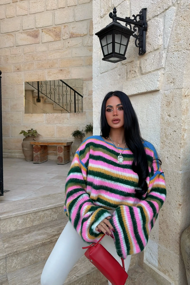 Yeşil Rainbow Çizgili Kazak
