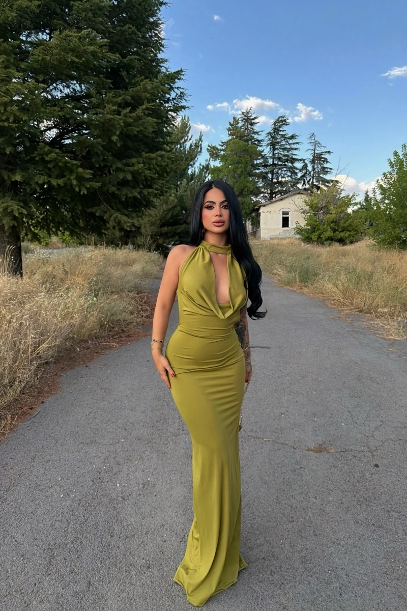 Yeşil Vogue Degaje Maxi Elbise