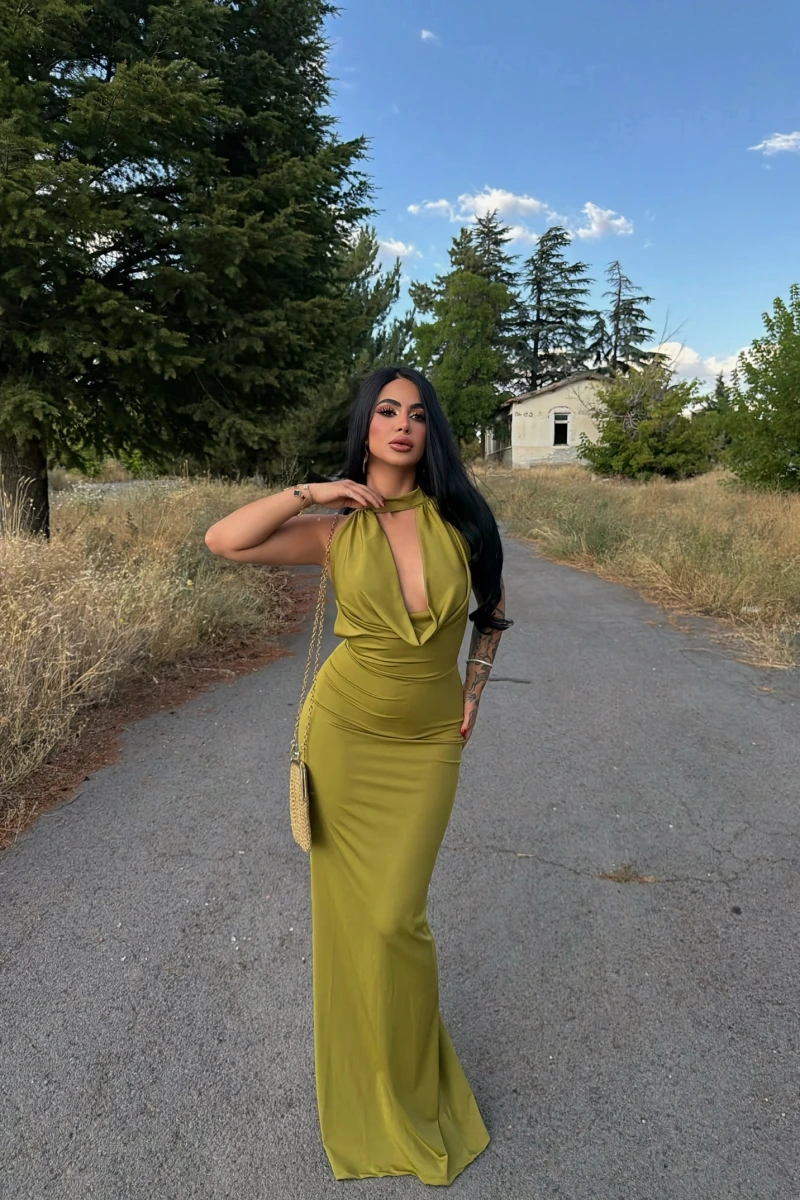 Yeşil Vogue Degaje Maxi Elbise