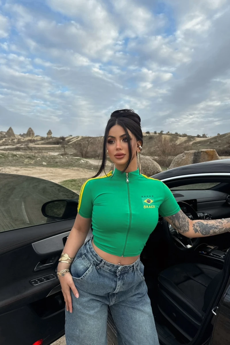 Yeşil Yaka Fermuarlı Brasil Crop