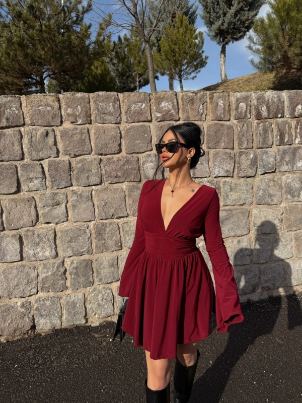 Bordo Şortlu Ön Arka V Elbise