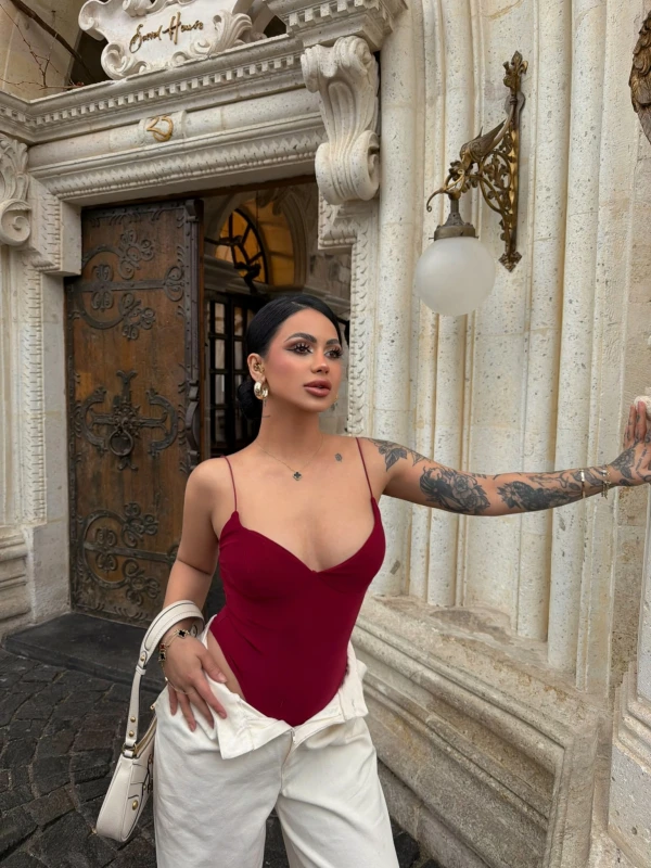 Bordo İp Askılı Basic Bodysuit