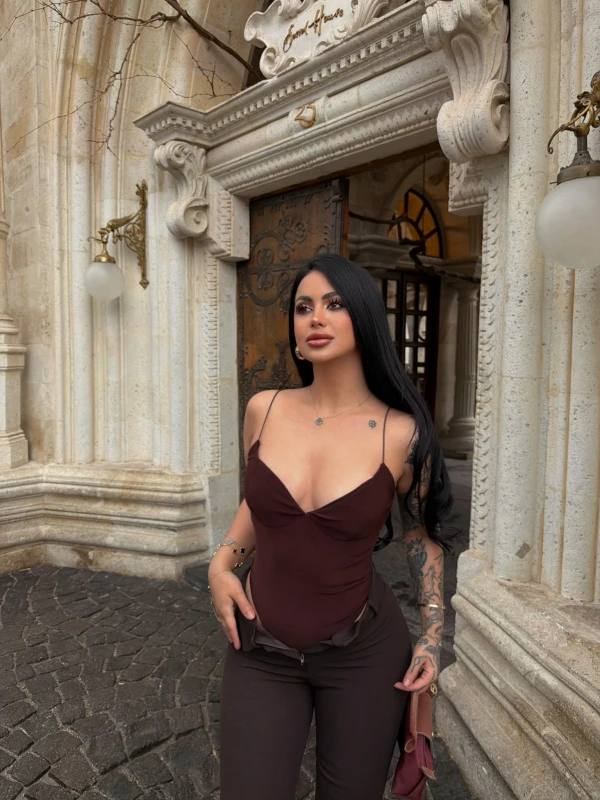 Kahve İp Askılı Basic Bodysuit