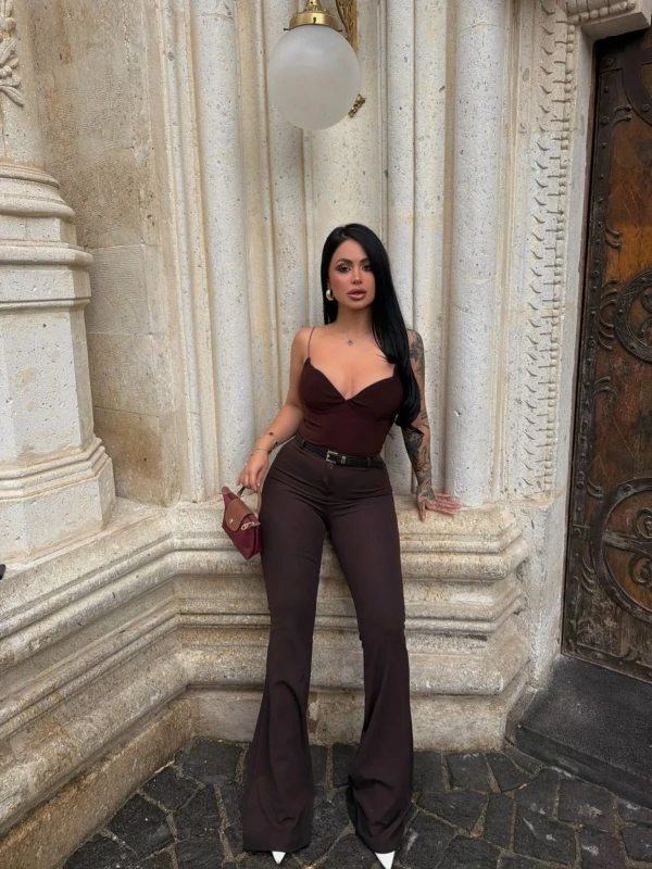 Kahve İnce Kemerli İspanyol Pantolon