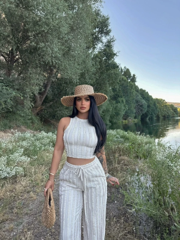 Bej Halter Ters Dikişli İkili Takım