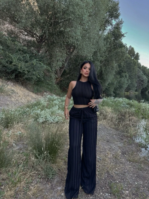 Siyah Halter Ters Dikişli İkili Takım