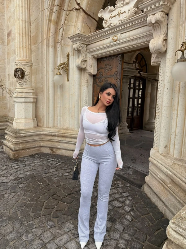 Gri Ribanalı Yüksek Bel Tayt