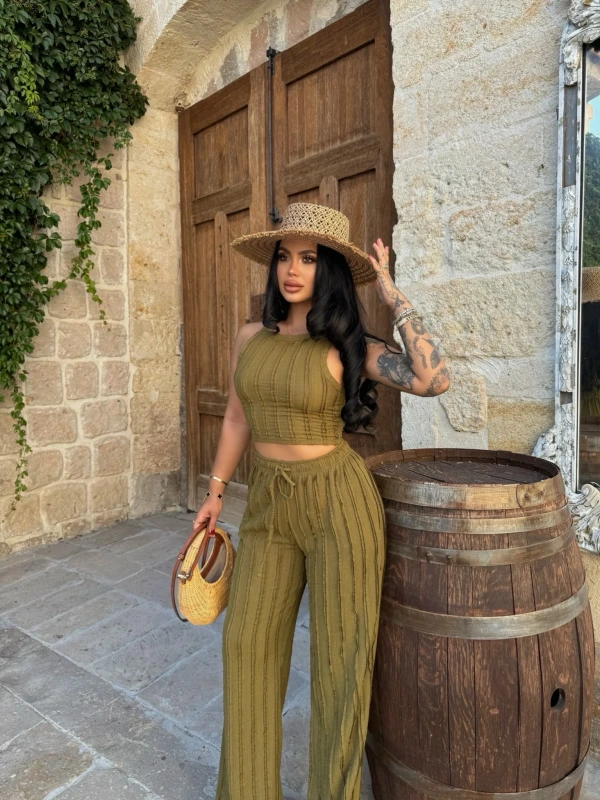 Yağ Yeşili Halter Ters Dikişli İkili Takım