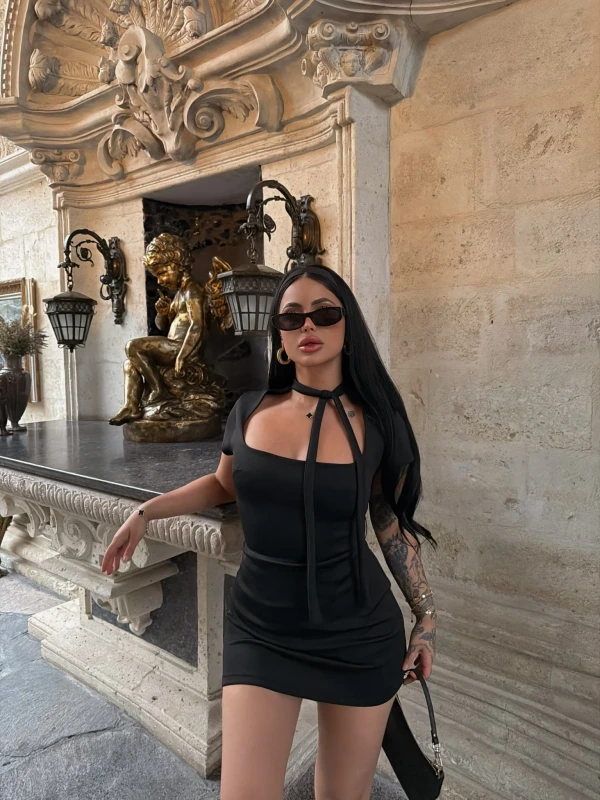 Siyah Fiyonk Bağlamalı Scuba Elbise