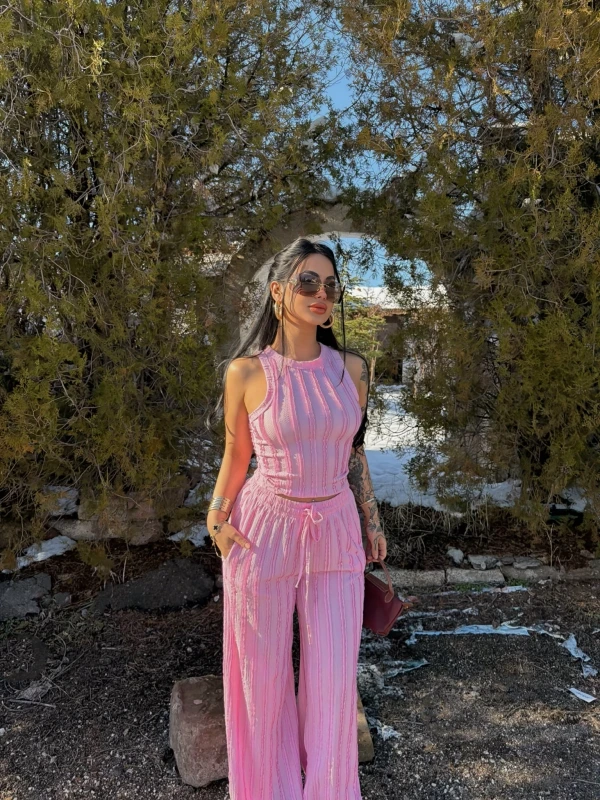 Pembe Halter Ters Dikişli İkili Takım